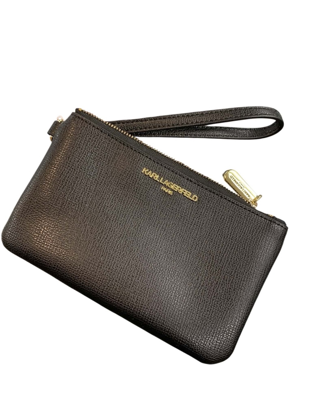 Karl Lagerfeld Black Leather Zip Wristlet with Gold Hardware